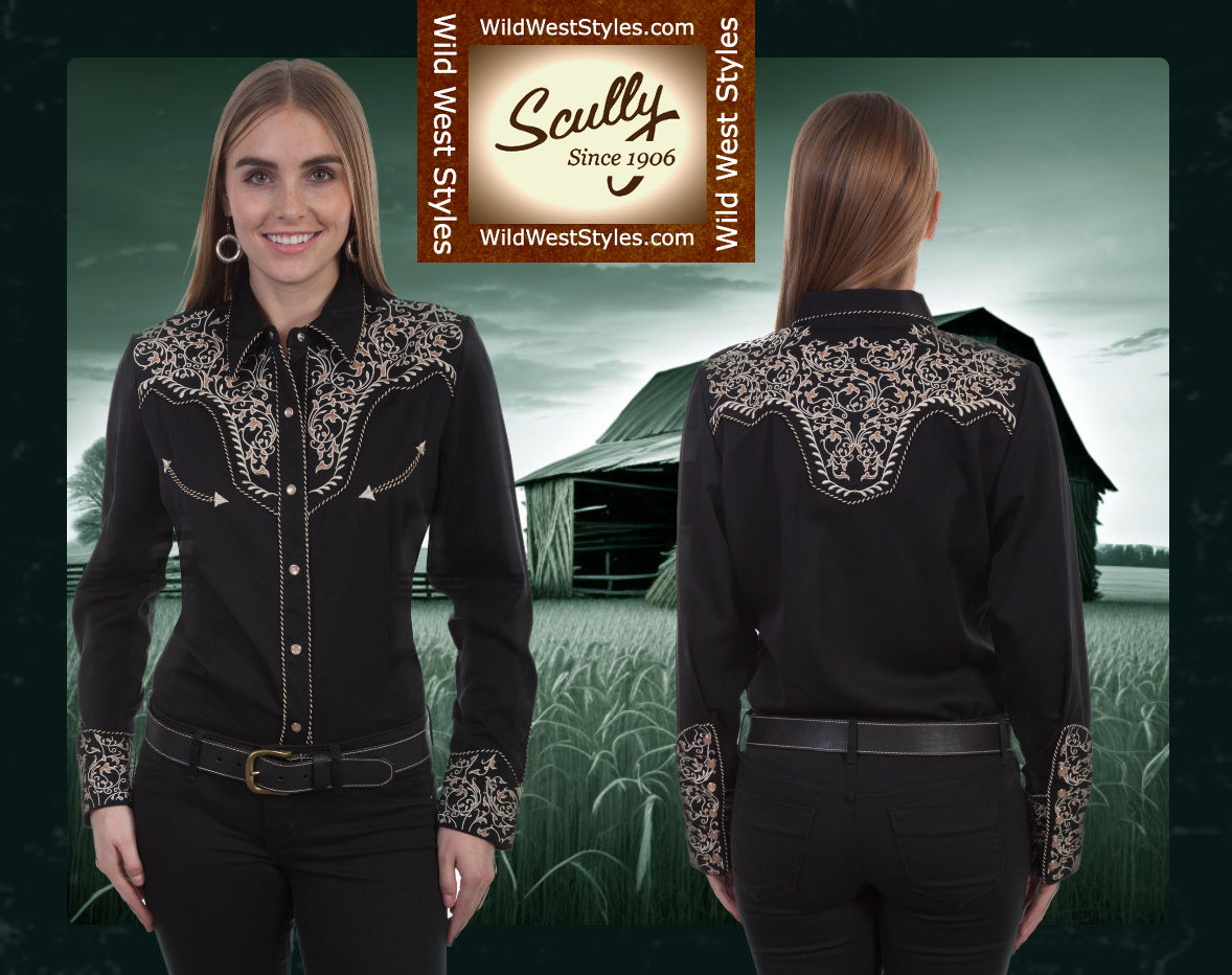 Warrior Blouse in Black with Two Tone Scroll Embroidery by Scully in Size XS, S, M, L, XL, or XXL