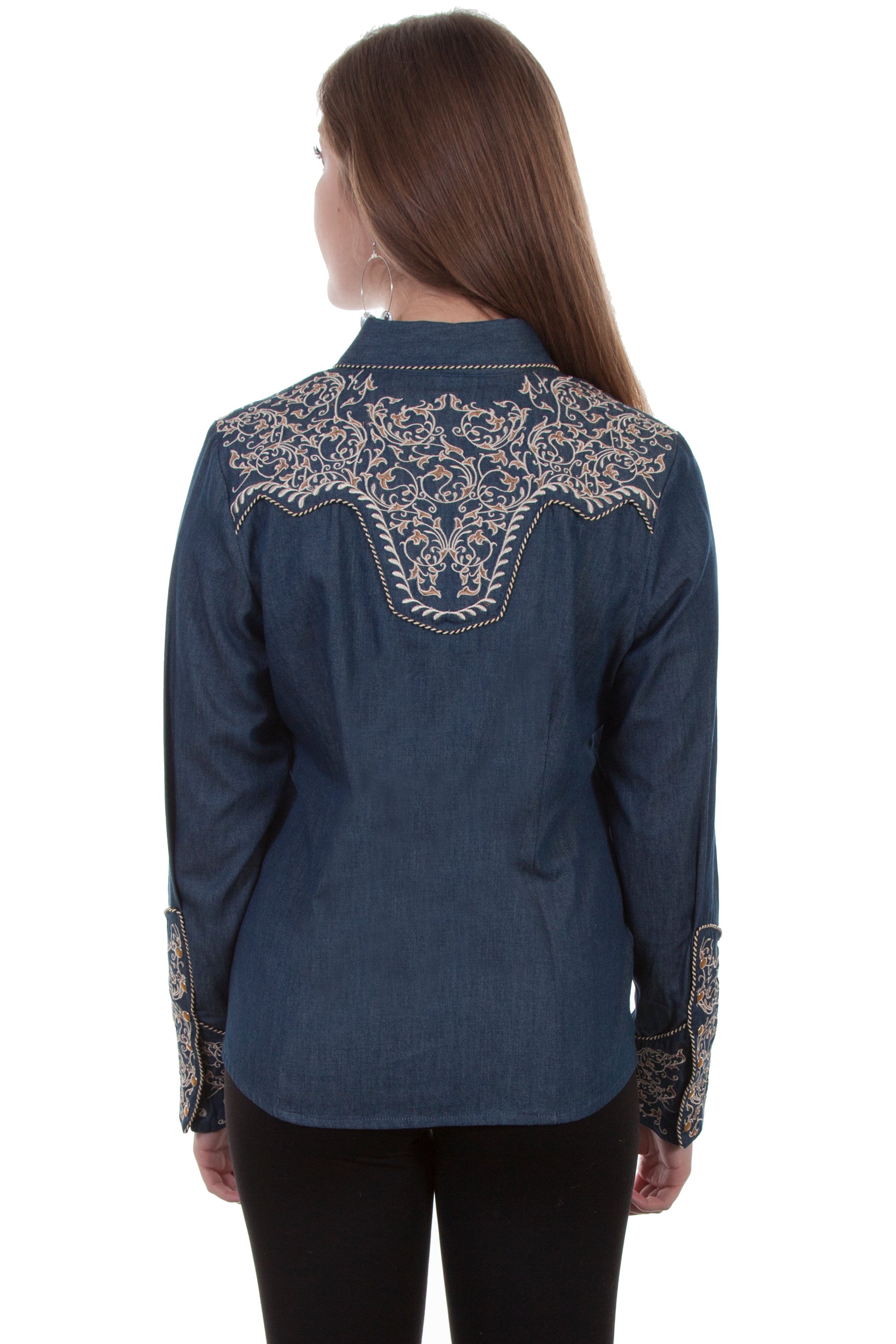 Warrior Blouse in Denim with Two Tone Scroll Embroidery by Scully in Size XS, S, M, L, XL, or XXL