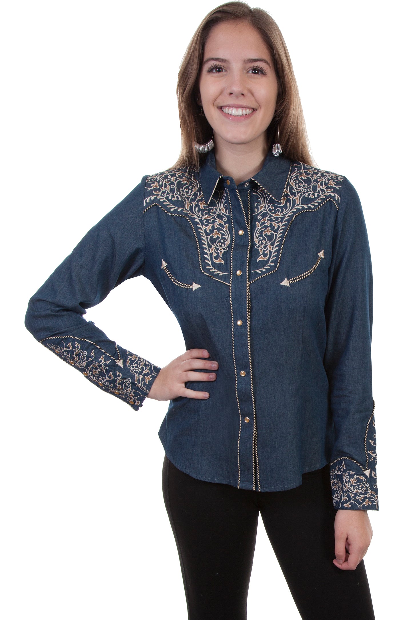 Warrior Blouse in Denim with Two Tone Scroll Embroidery by Scully in Size XS, S, M, L, XL, or XXL