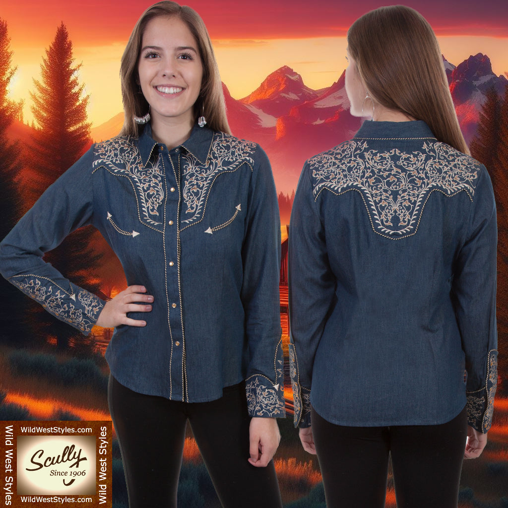 Warrior Blouse in Denim with Two Tone Scroll Embroidery by Scully in Size XS, S, M, L, XL, or XXL