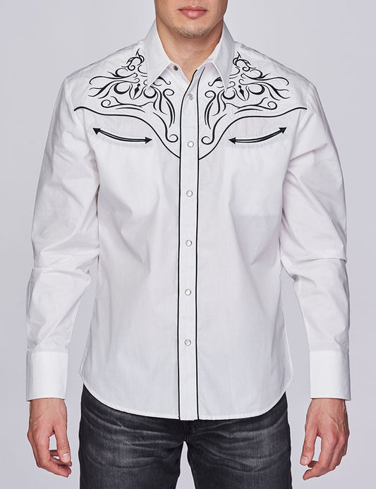 Go Round Winner Western Embroidery Cowboy Outfit White and Black Shirt by Rodeo Clothing in Size M, L, XL, or XXL