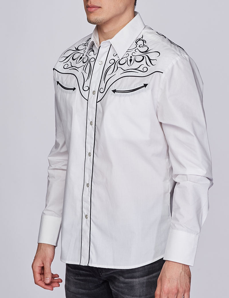 Go Round Winner Western Embroidery Cowboy Outfit White and Black Shirt by Rodeo Clothing in Size M, L, XL, or XXL