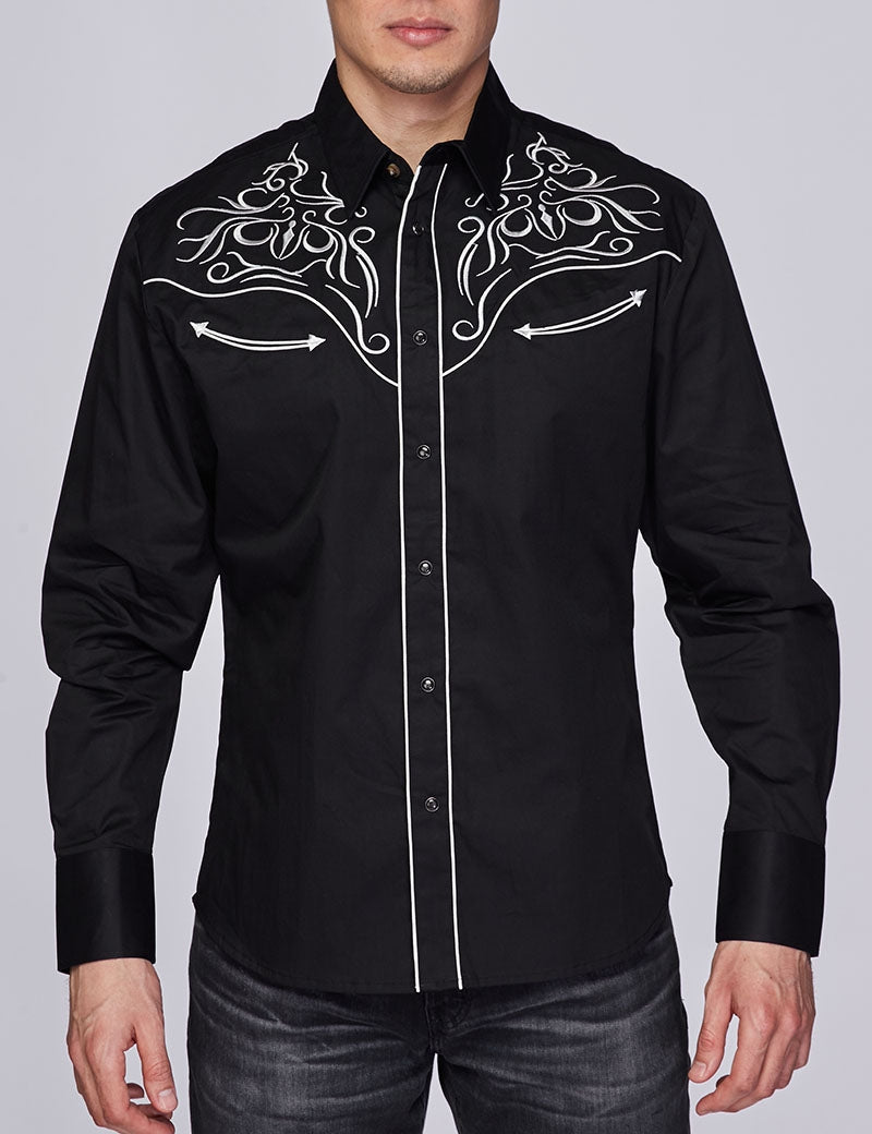 Go Round Winner Western Embroidery Cowboy Outfit Black and White Shirt by Rodeo Clothing in Size M, L, XL, or XXL