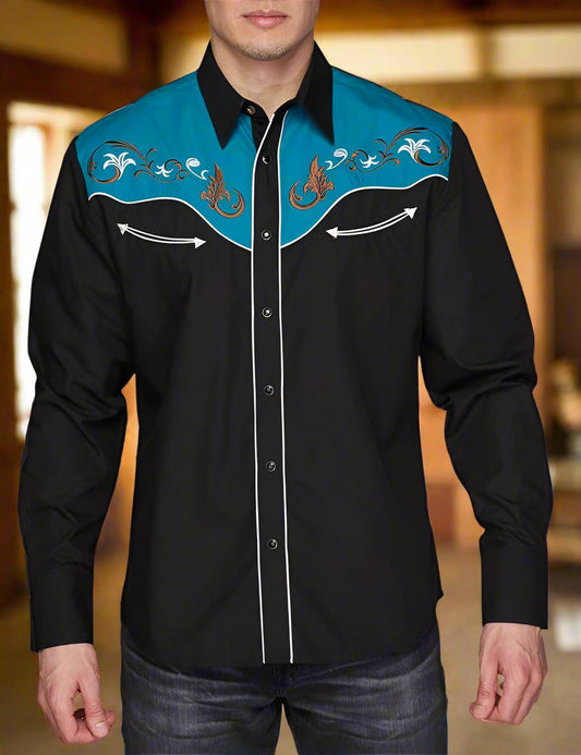 Pick Up Man Western Embroidered Shirt by Rodeo Clothing in Black / Turquoise in Size S, M, L, XL, or XXL