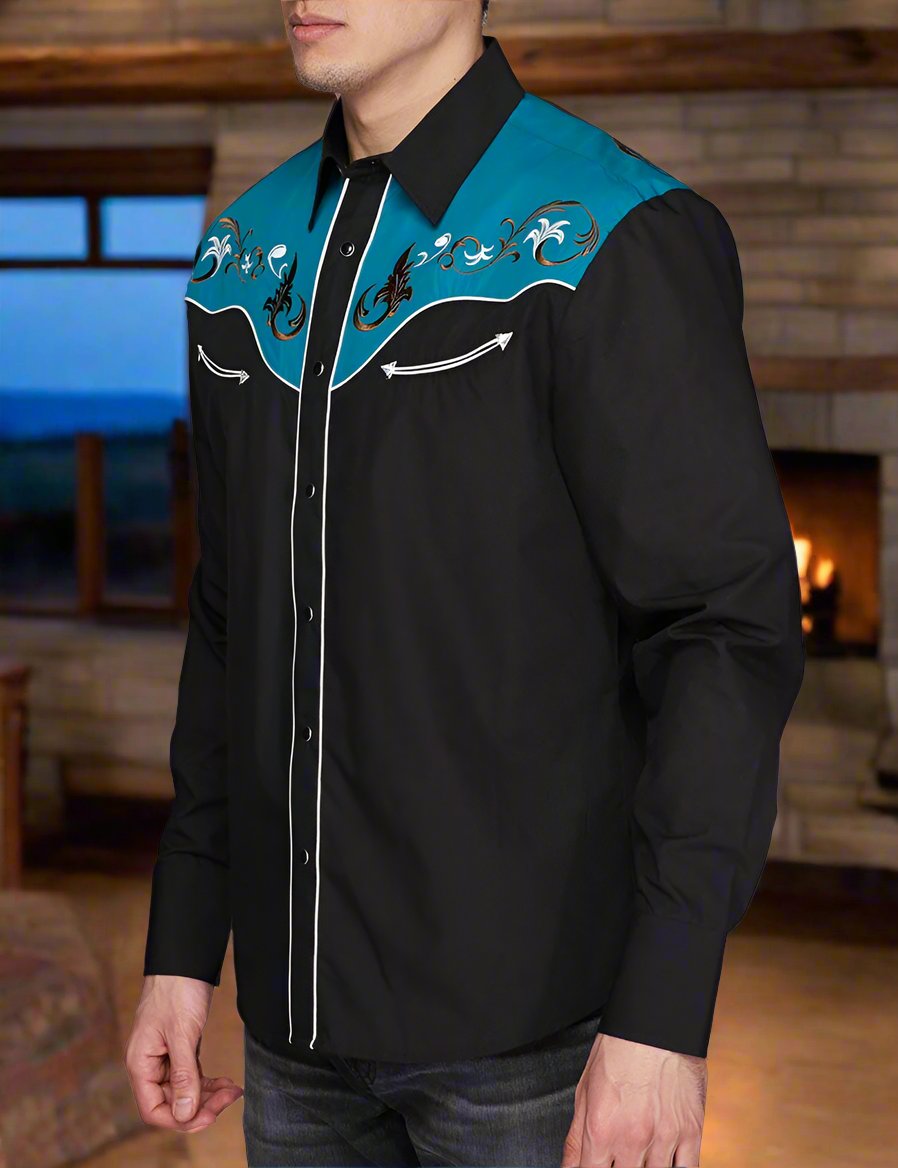 Pick Up Man Western Embroidered Shirt by Rodeo Clothing in Black / Turquoise in Size S, M, L, XL, or XXL