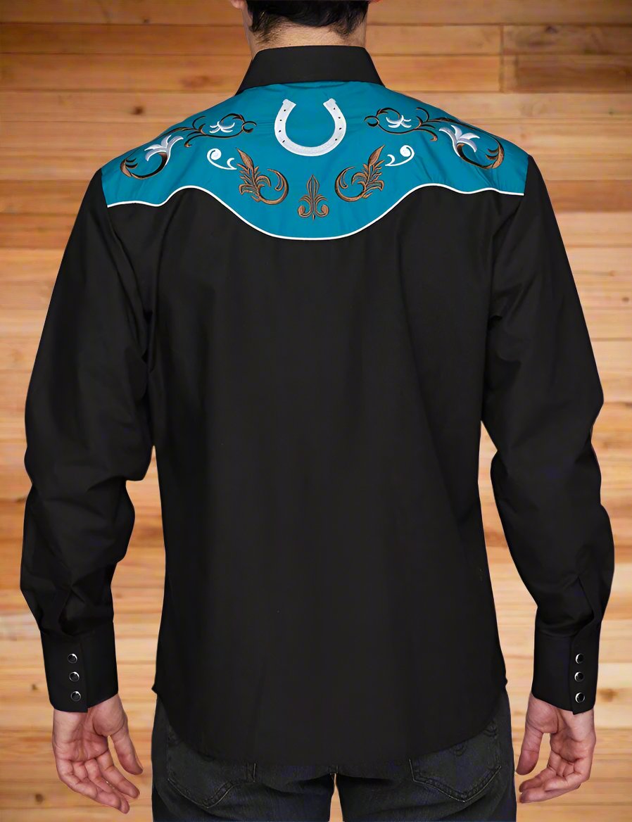 Pick Up Man Western Embroidered Shirt by Rodeo Clothing in Black / Turquoise in Size S, M, L, XL, or XXL