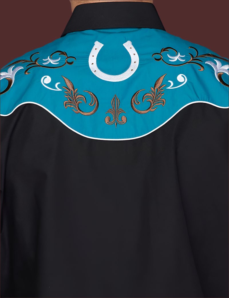 Pick Up Man Western Embroidered Shirt by Rodeo Clothing in Black / Turquoise in Size S, M, L, XL, or XXL