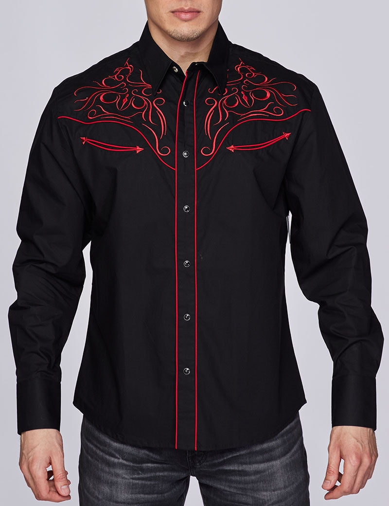 Go Round Winner Western Embroidery Cowboy Outfit Black and Red Shirt by Rodeo Clothing in Size M, L, XL, or XXL