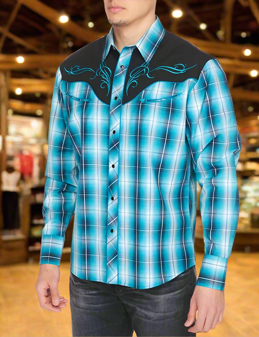 Roughstock Western Embroidery Cowboy Outfit Shirt by Rodeo Clothing in Blue Plaid in Size M, L, XL, or XXL