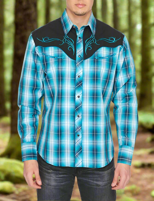 Roughstock Western Embroidery Cowboy Outfit Shirt by Rodeo Clothing in Blue Plaid in Size M, L, XL, or XXL