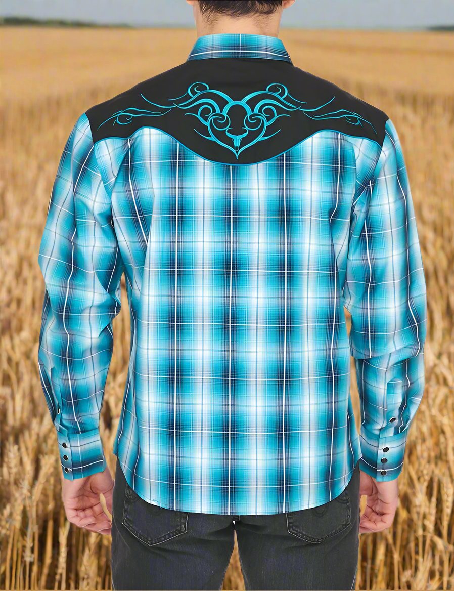 Roughstock Western Embroidery Cowboy Outfit Shirt by Rodeo Clothing in Blue Plaid in Size M, L, XL, or XXL