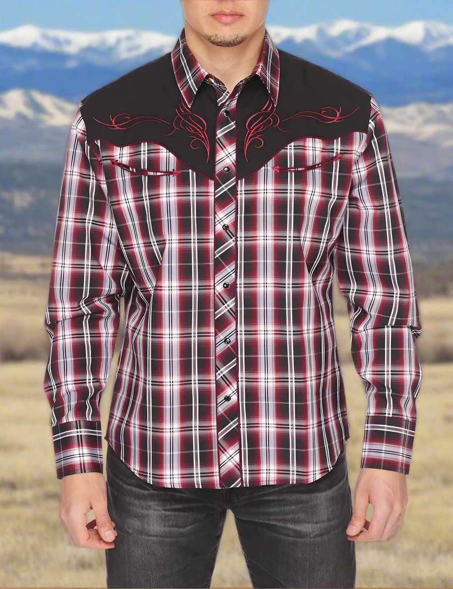 Roughstock Western Embroidery Cowboy Outfit Shirt by Rodeo Clothing in Red Plaid in Size M, L, XL, or XXL