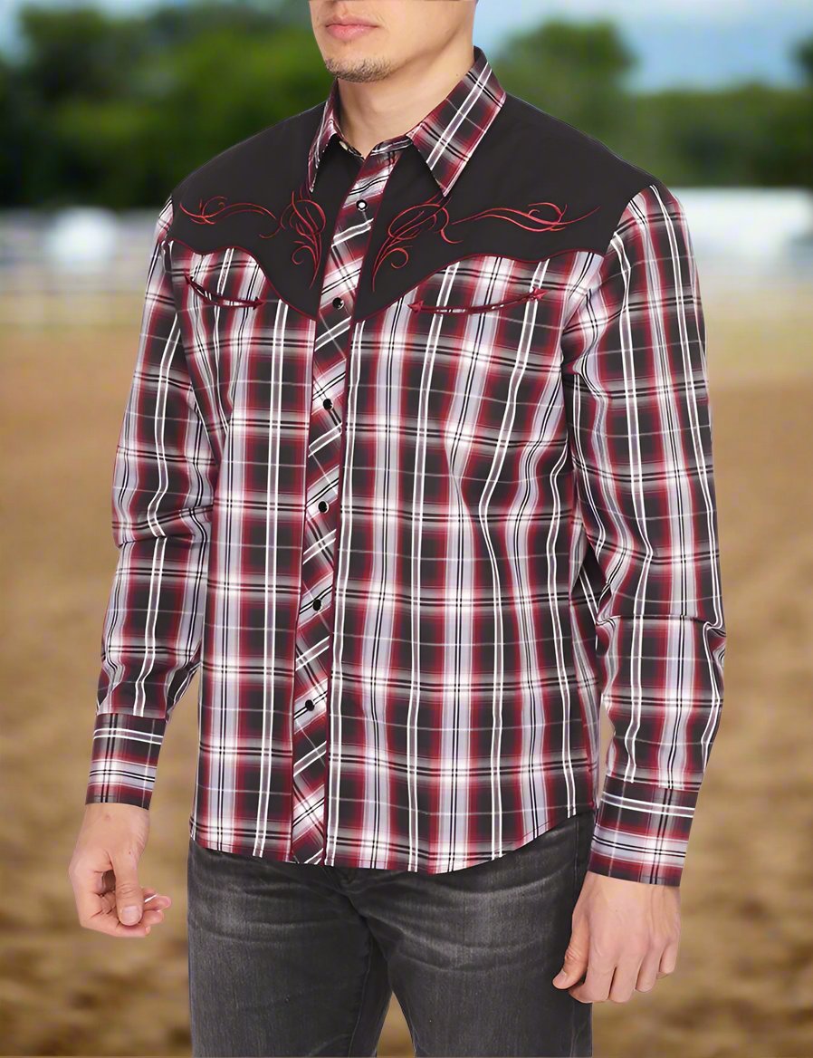 Roughstock Western Embroidery Cowboy Outfit Shirt by Rodeo Clothing in Red Plaid in Size M, L, XL, or XXL