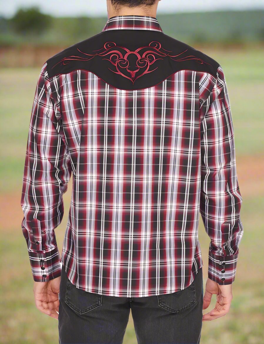 Roughstock Western Embroidery Cowboy Outfit Shirt by Rodeo Clothing in Red Plaid in Size M, L, XL, or XXL