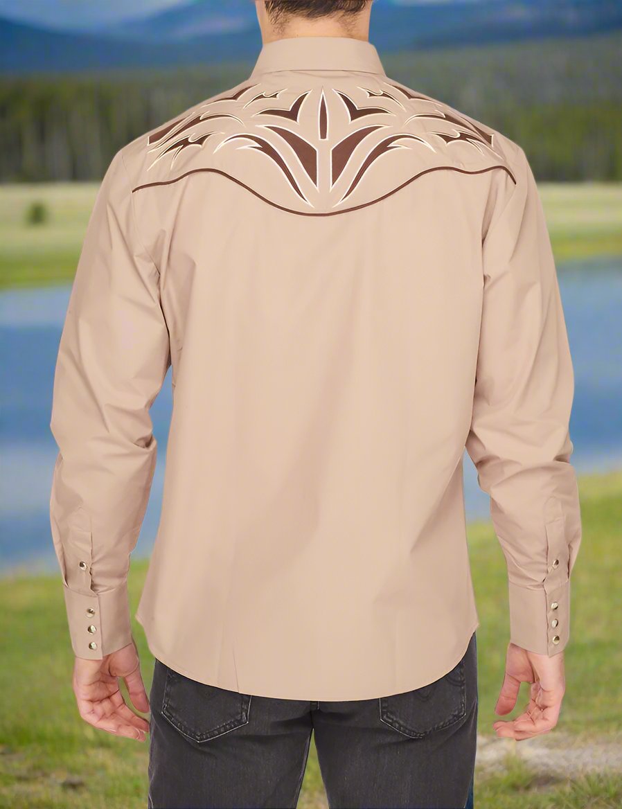 Bull Rider Western Embroidered Shirt by Rodeo Clothing in Tan in Size S, M, L, XL, or XXL