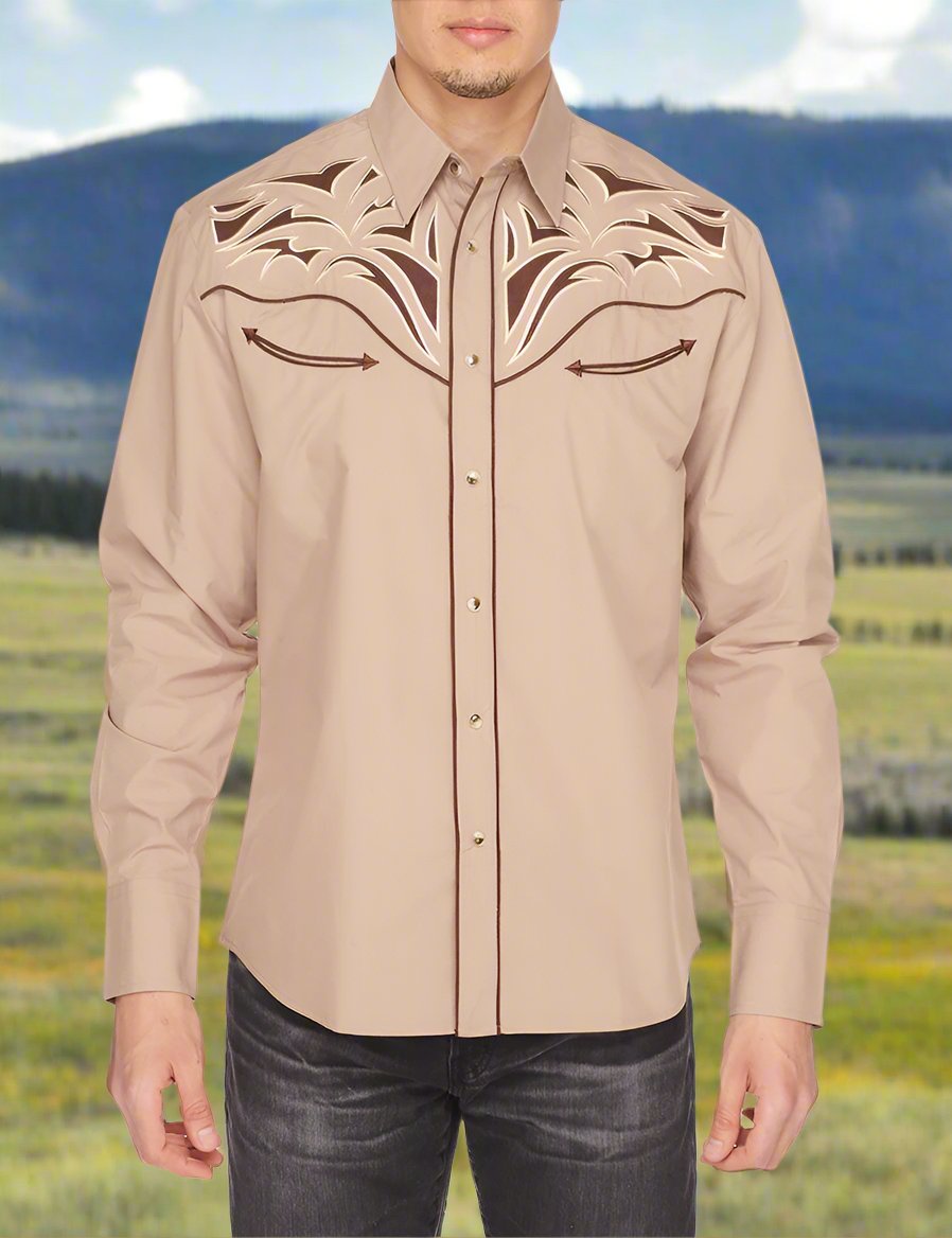 Bull Rider Western Embroidered Shirt by Rodeo Clothing in Tan in Size S, M, L, XL, or XXL