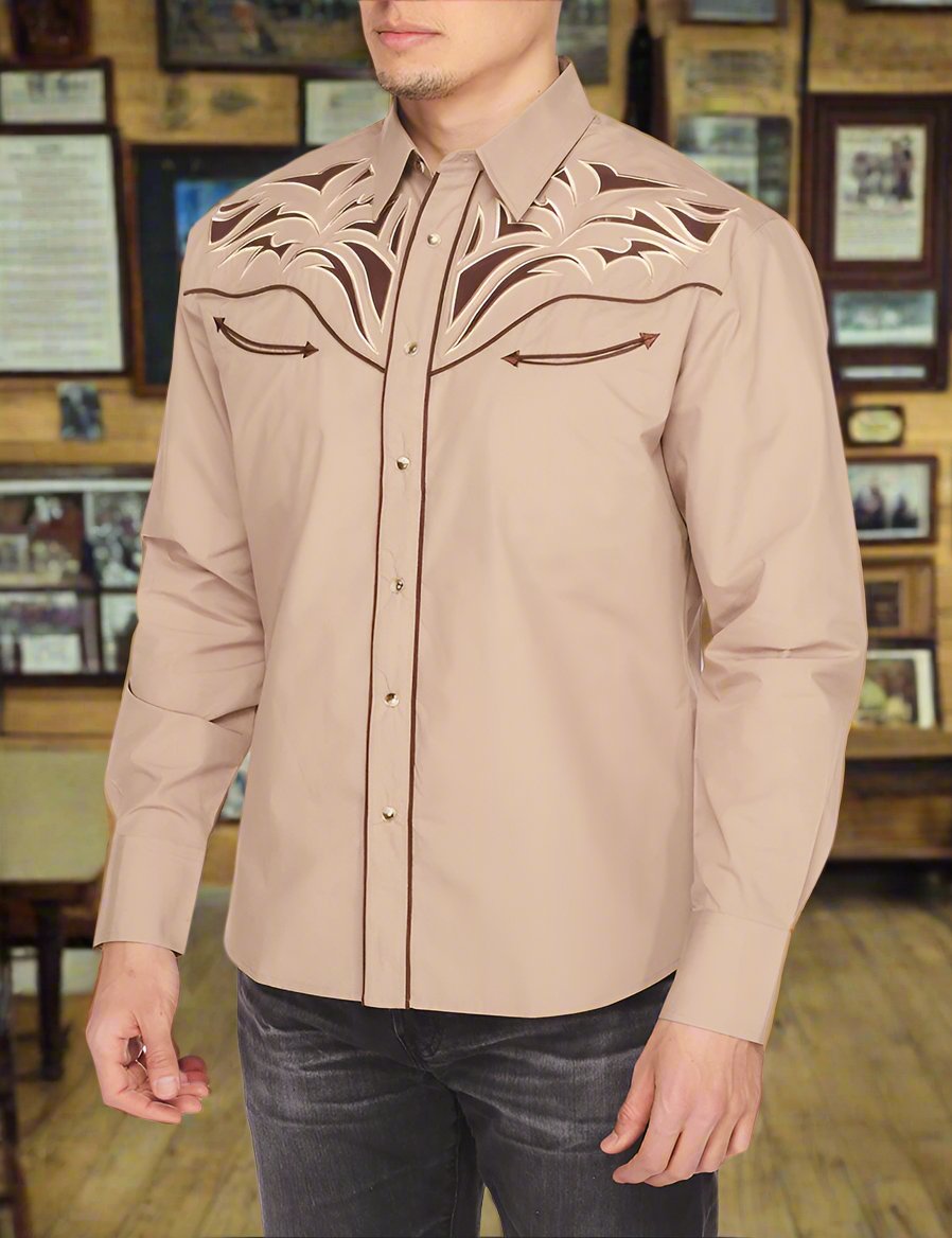 Bull Rider Western Embroidered Shirt by Rodeo Clothing in Tan in Size S, M, L, XL, or XXL