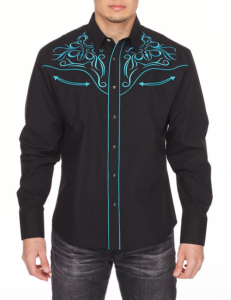 Go Round Winner Western Embroidery Cowboy Outfit Black and Turquoise Shirt by Rodeo Clothing in Size M, L, XL, or XXL