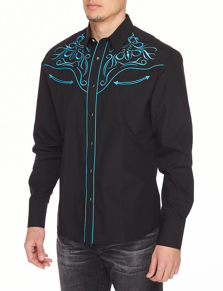 Go Round Winner Western Embroidery Cowboy Outfit Black and Turquoise Shirt by Rodeo Clothing in Size M, L, XL, or XXL