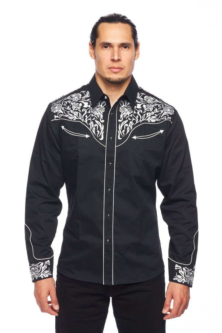 NFR Qualifier Men's Western Embroidery Cowboy Outfit Shirt in Black and White by Rodeo Clothing in Size M, L, XL, or XXL