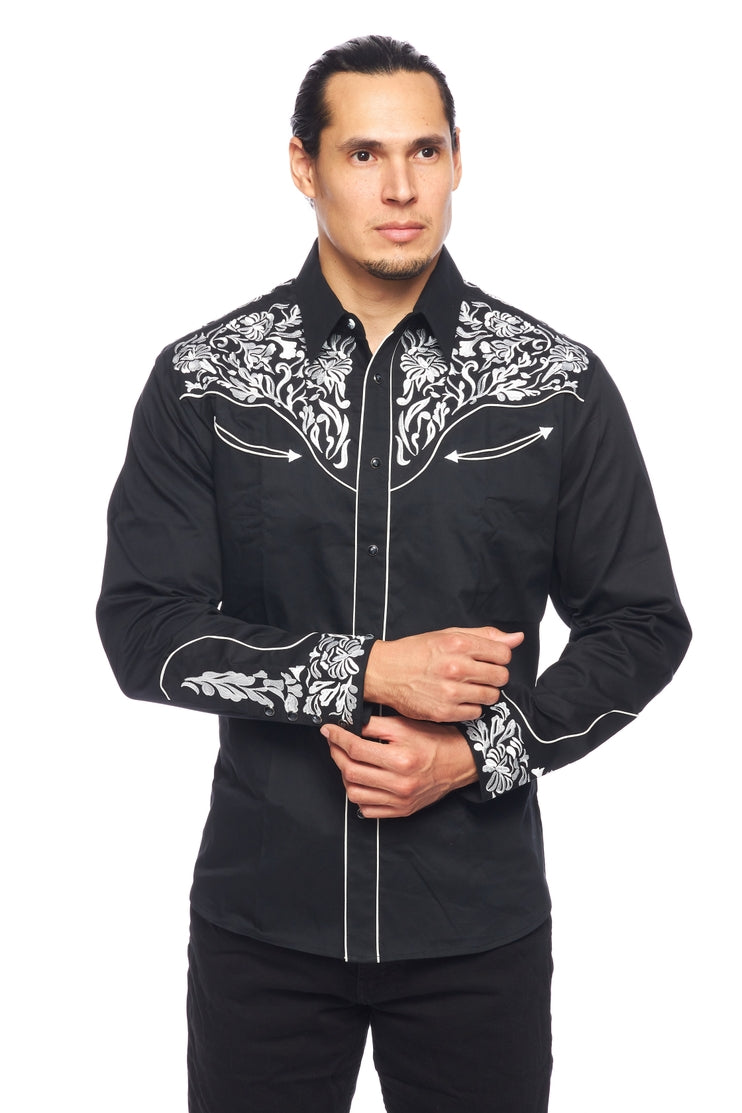 NFR Qualifier Men's Western Embroidery Cowboy Outfit Shirt in Black and White by Rodeo Clothing in Size M, L, XL, or XXL