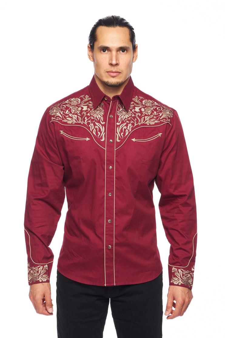 NFR Qualifier Men's Western Embroidery Cowboy Outfit Shirt in Red and Tan by Rodeo Clothing in Size M, L, XL, or XXL