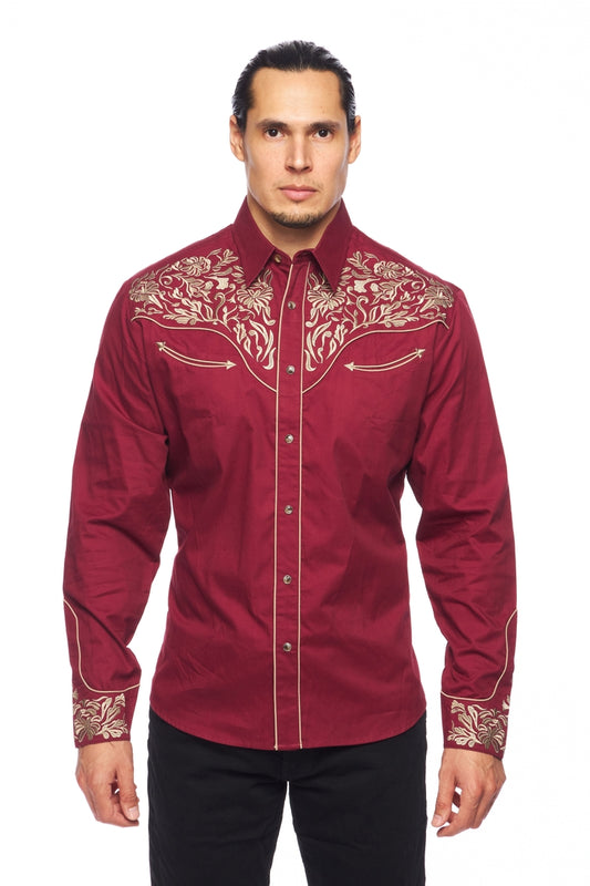 NFR Qualifier Men's Western Embroidery Cowboy Outfit Shirt in Red and Tan by Rodeo Clothing in Size M, L, XL, or XXL