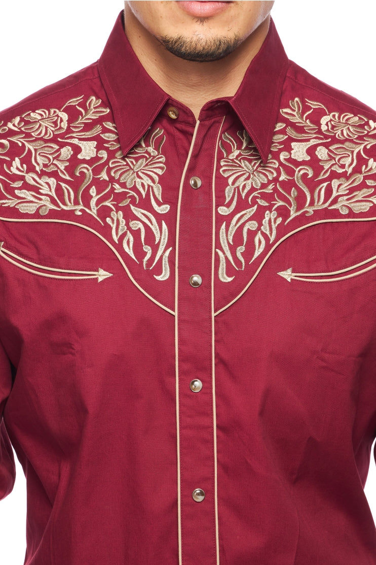 NFR Qualifier Men's Western Embroidery Cowboy Outfit Shirt in Red and Tan by Rodeo Clothing in Size M, L, XL, or XXL