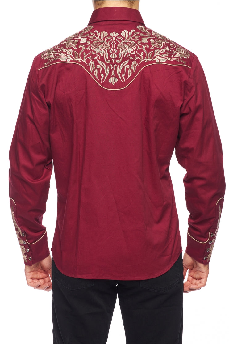 NFR Qualifier Men's Western Embroidery Cowboy Outfit Shirt in Red and Tan by Rodeo Clothing in Size M, L, XL, or XXL