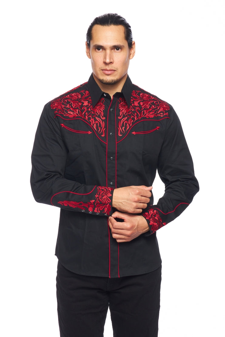 NFR Qualifier Men's Western Embroidery Cowboy Outfit Shirt in Black and Red by Rodeo Clothing in Size M, L, XL, or XXL