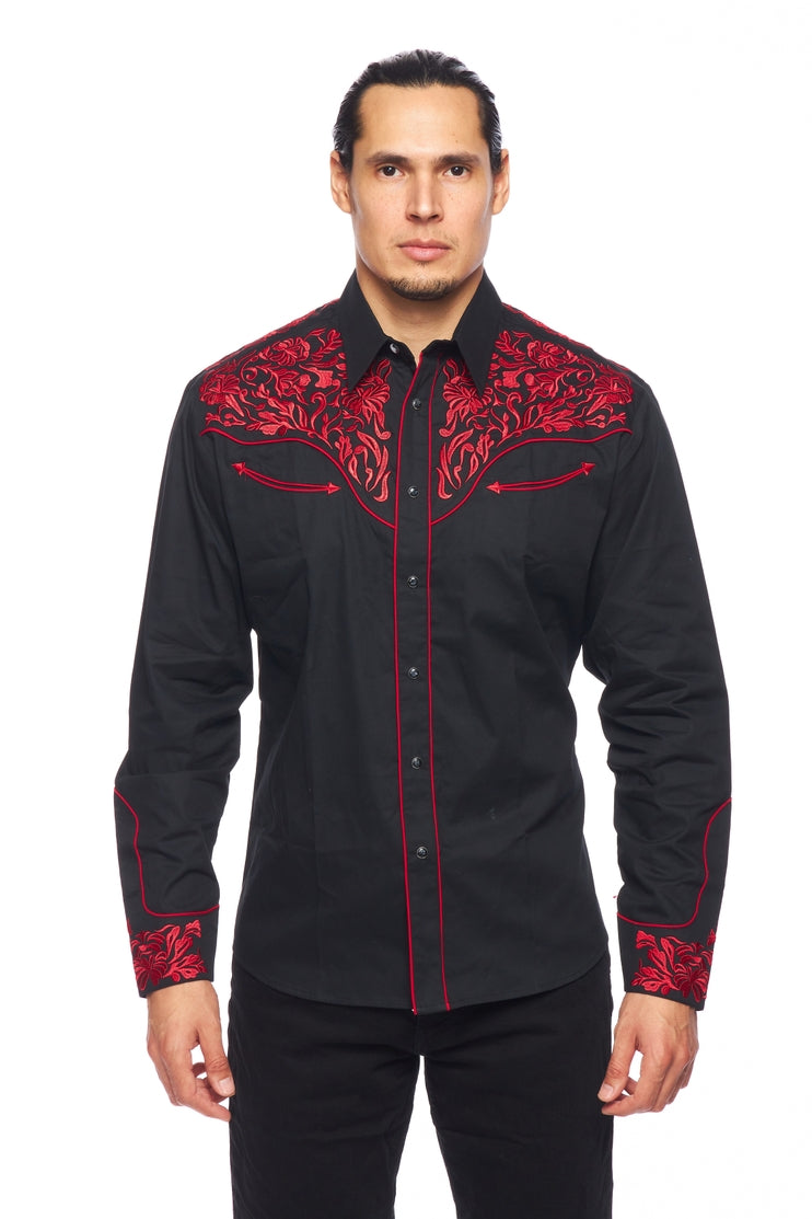 NFR Qualifier Men's Western Embroidery Cowboy Outfit Shirt in Black and Red by Rodeo Clothing in Size M, L, XL, or XXL