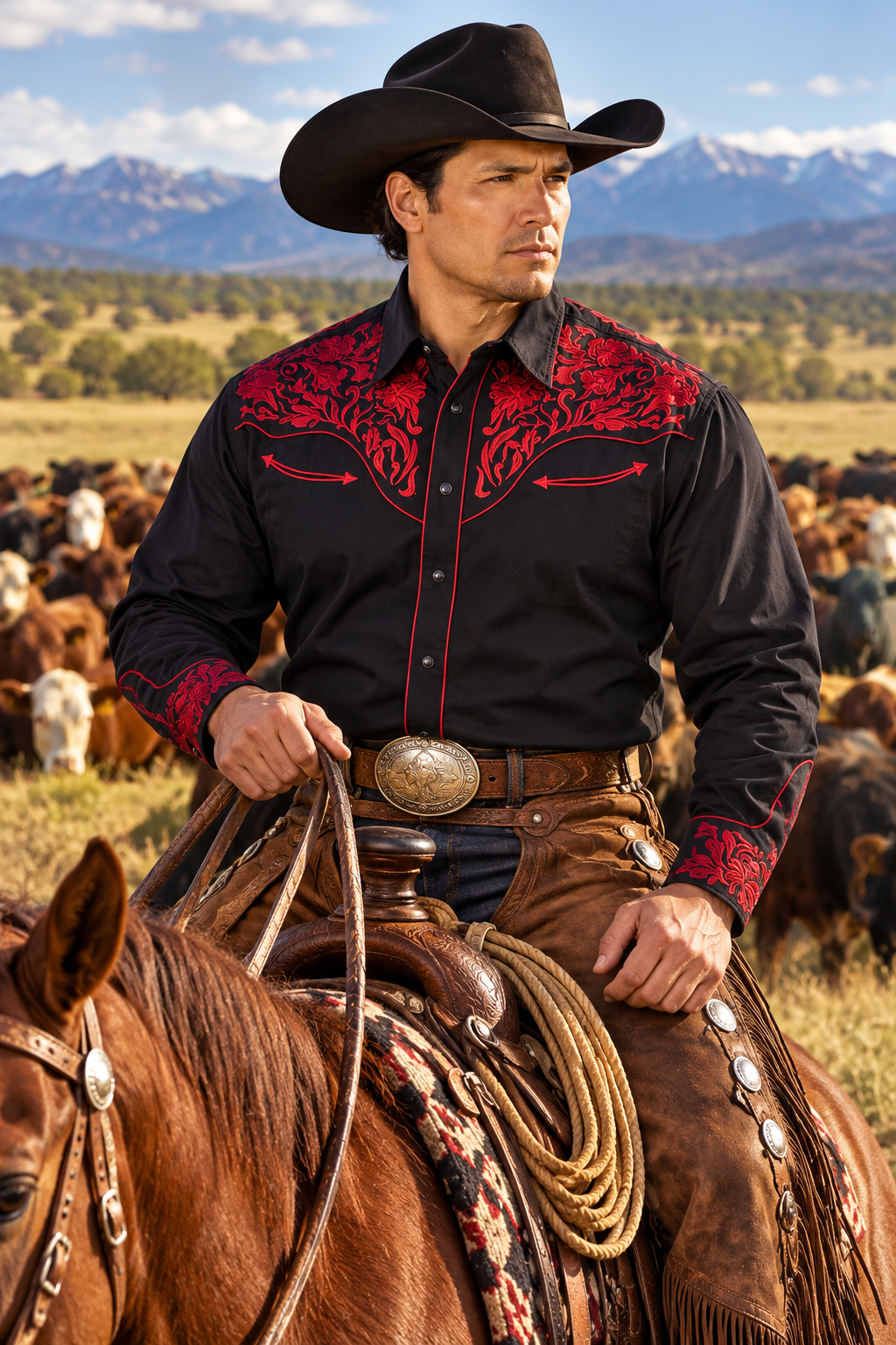 NFR Qualifier Men's Western Embroidery Cowboy Outfit Shirt in Black and Red by Rodeo Clothing in Size M, L, XL, or XXL