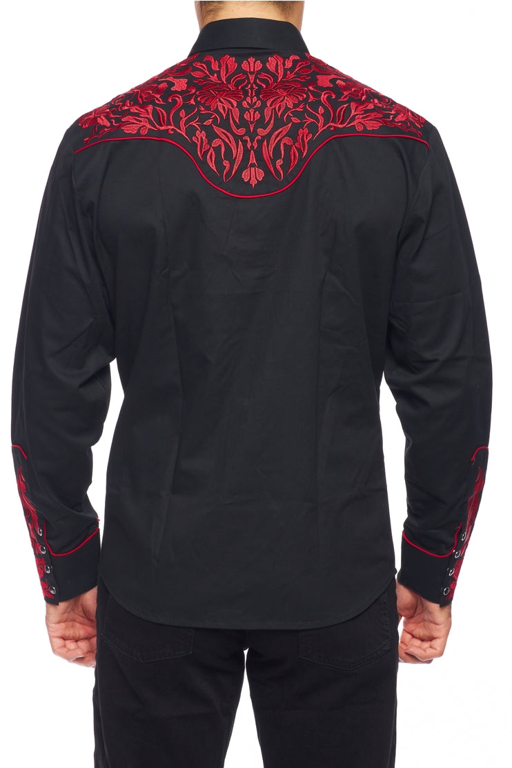 NFR Qualifier Men's Western Embroidery Cowboy Outfit Shirt in Black and Red by Rodeo Clothing in Size M, L, XL, or XXL