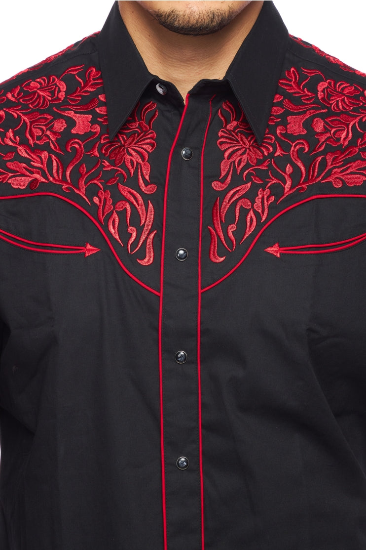 NFR Qualifier Men's Western Embroidery Cowboy Outfit Shirt in Black and Red by Rodeo Clothing in Size M, L, XL, or XXL