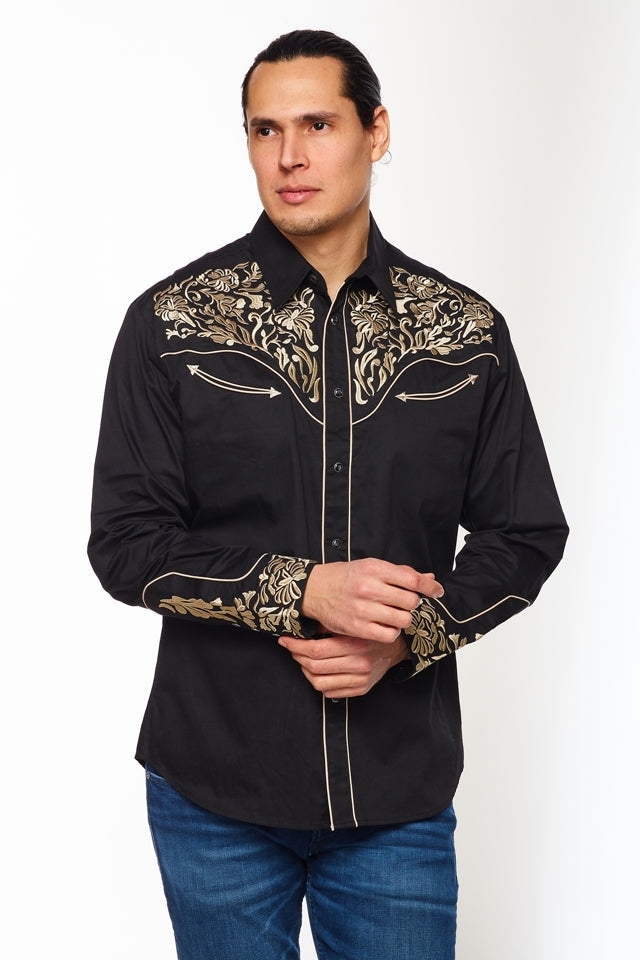 NFR Qualifier Men's Western Embroidery Cowboy Outfit Shirt in Black and Tan by Rodeo Clothing in Size M, L, XL, or XXL