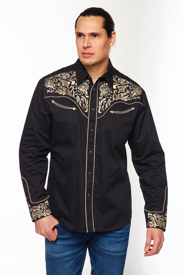 NFR Qualifier Men's Western Embroidery Cowboy Outfit Shirt in Black and Tan by Rodeo Clothing in Size M, L, XL, or XXL