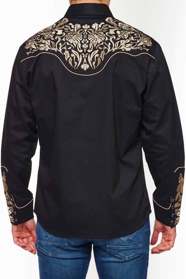 NFR Qualifier Men's Western Embroidery Cowboy Outfit Shirt in Black and Tan by Rodeo Clothing in Size M, L, XL, or XXL