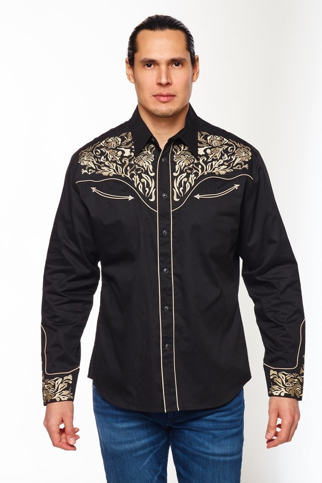 NFR Qualifier Men's Western Embroidery Cowboy Outfit Shirt in Black and Tan by Rodeo Clothing in Size M, L, XL, or XXL