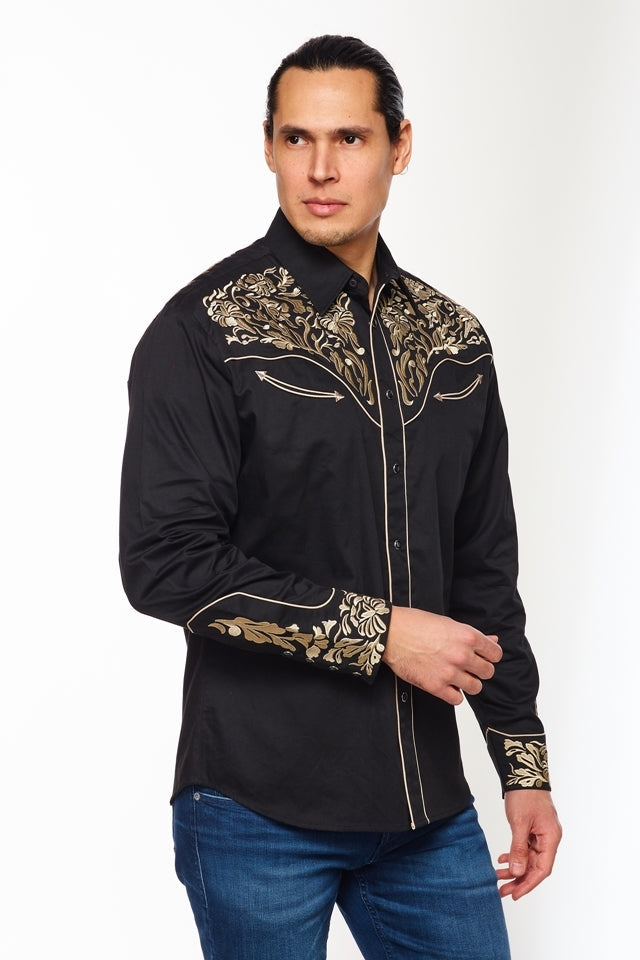 NFR Qualifier Men's Western Embroidery Cowboy Outfit Shirt in Black and Tan by Rodeo Clothing in Size M, L, XL, or XXL