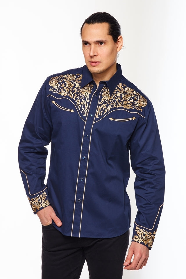 NFR Qualifier Men's Western Embroidery Cowboy Outfit Shirt in Blue and Gold by Rodeo Clothing in Size M, L, XL, or XXL