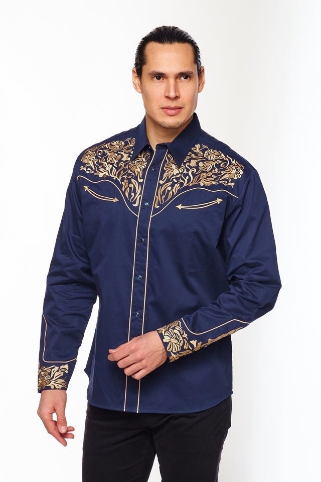 NFR Qualifier Men's Western Embroidery Cowboy Outfit Shirt in Blue and Gold by Rodeo Clothing in Size M, L, XL, or XXL