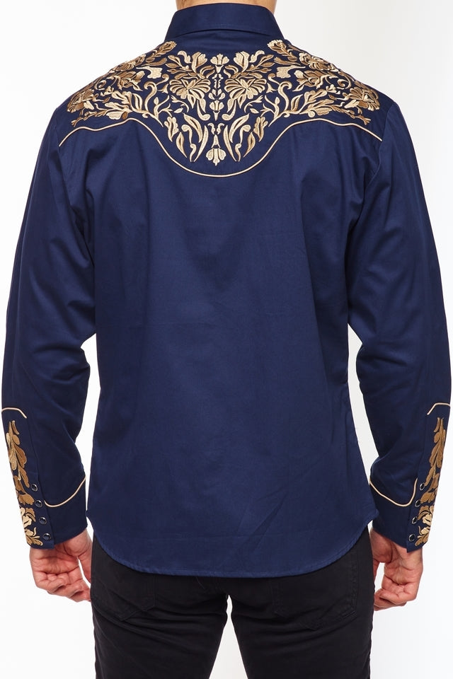 NFR Qualifier Men's Western Embroidery Cowboy Outfit Shirt in Blue and Gold by Rodeo Clothing in Size M, L, XL, or XXL