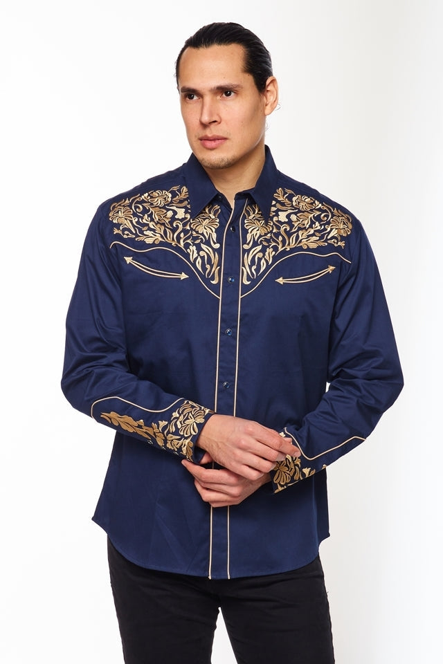 NFR Qualifier Men's Western Embroidery Cowboy Outfit Shirt in Blue and Gold by Rodeo Clothing in Size M, L, XL, or XXL