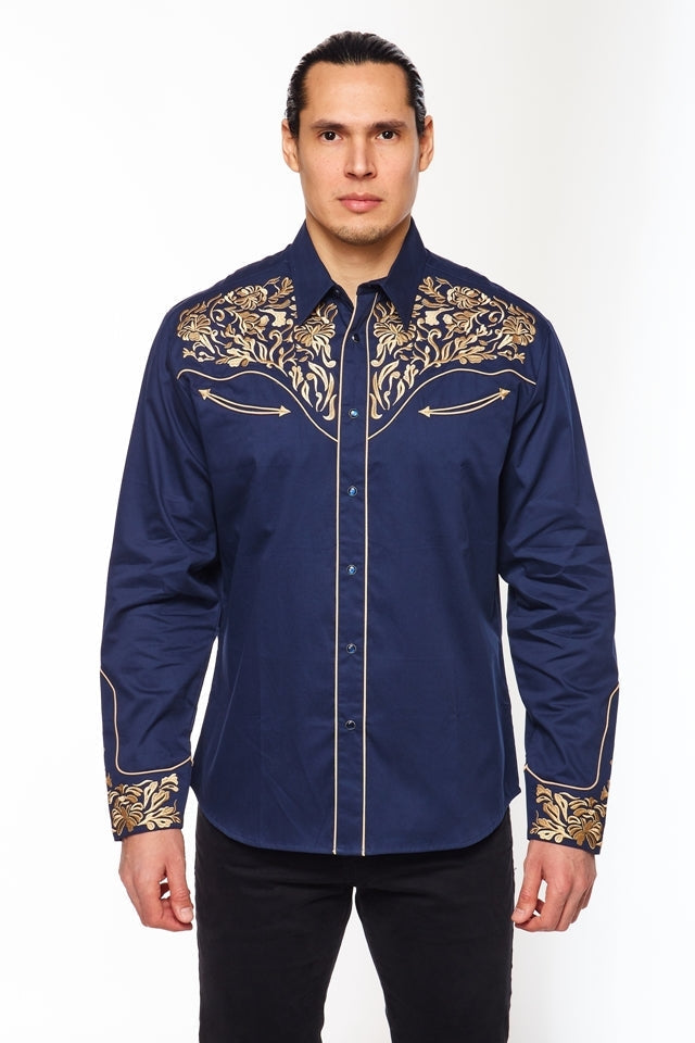 NFR Qualifier Men's Western Embroidery Cowboy Outfit Shirt in Blue and Gold by Rodeo Clothing in Size M, L, XL, or XXL