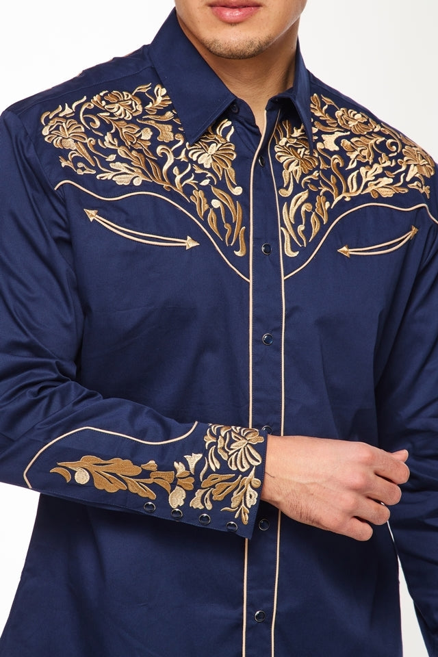 NFR Qualifier Men's Western Embroidery Cowboy Outfit Shirt in Blue and Gold by Rodeo Clothing in Size M, L, XL, or XXL