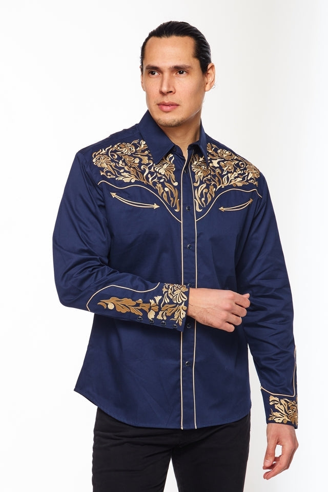 NFR Qualifier Men's Western Embroidery Cowboy Outfit Shirt in Blue and Gold by Rodeo Clothing in Size M, L, XL, or XXL