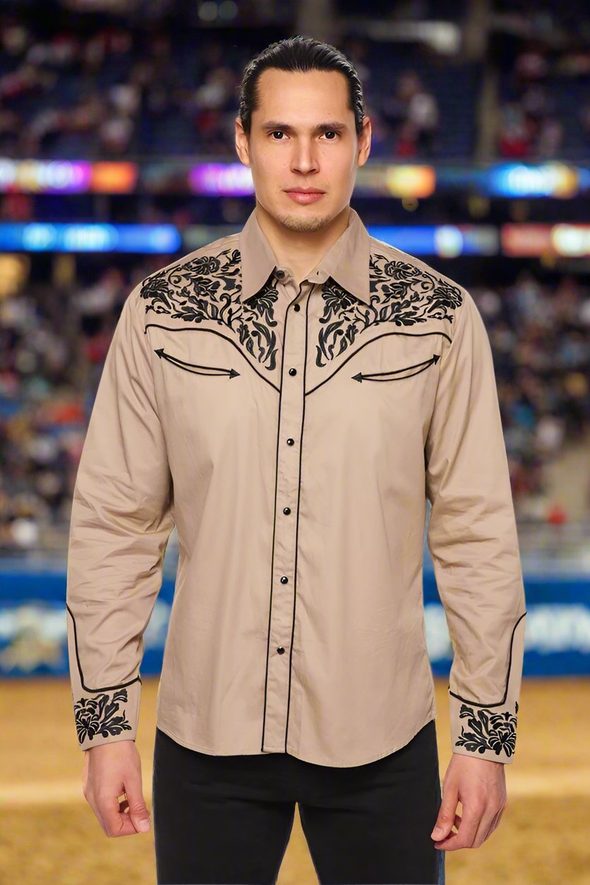 NFR Qualifier Men's Western Embroidery Cowboy Outfit Shirt in Tan and Black by Rodeo Clothing in Size M, L, XL, or XXL