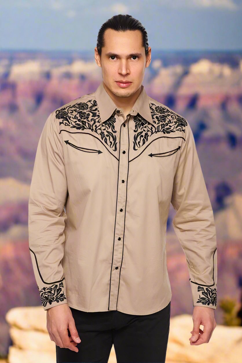 NFR Qualifier Men's Western Embroidery Cowboy Outfit Shirt in Tan and Black by Rodeo Clothing in Size M, L, XL, or XXL