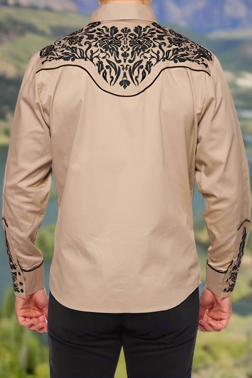 NFR Qualifier Men's Western Embroidery Cowboy Outfit Shirt in Tan and Black by Rodeo Clothing in Size M, L, XL, or XXL