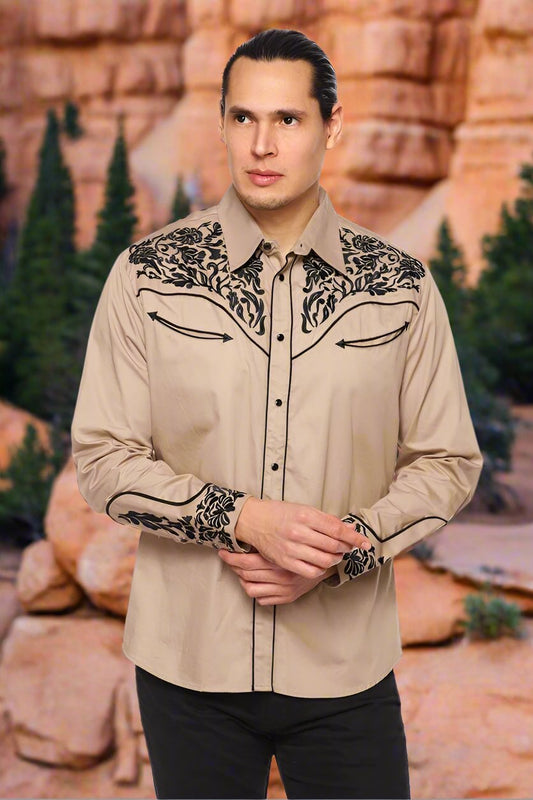 NFR Qualifier Men's Western Embroidery Cowboy Outfit Shirt in Tan and Black by Rodeo Clothing in Size M, L, XL, or XXL